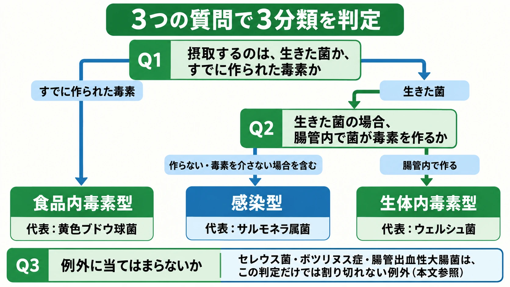 感染型・食品内毒素型・生体内毒素型を3つの質問で判定するフローチャート