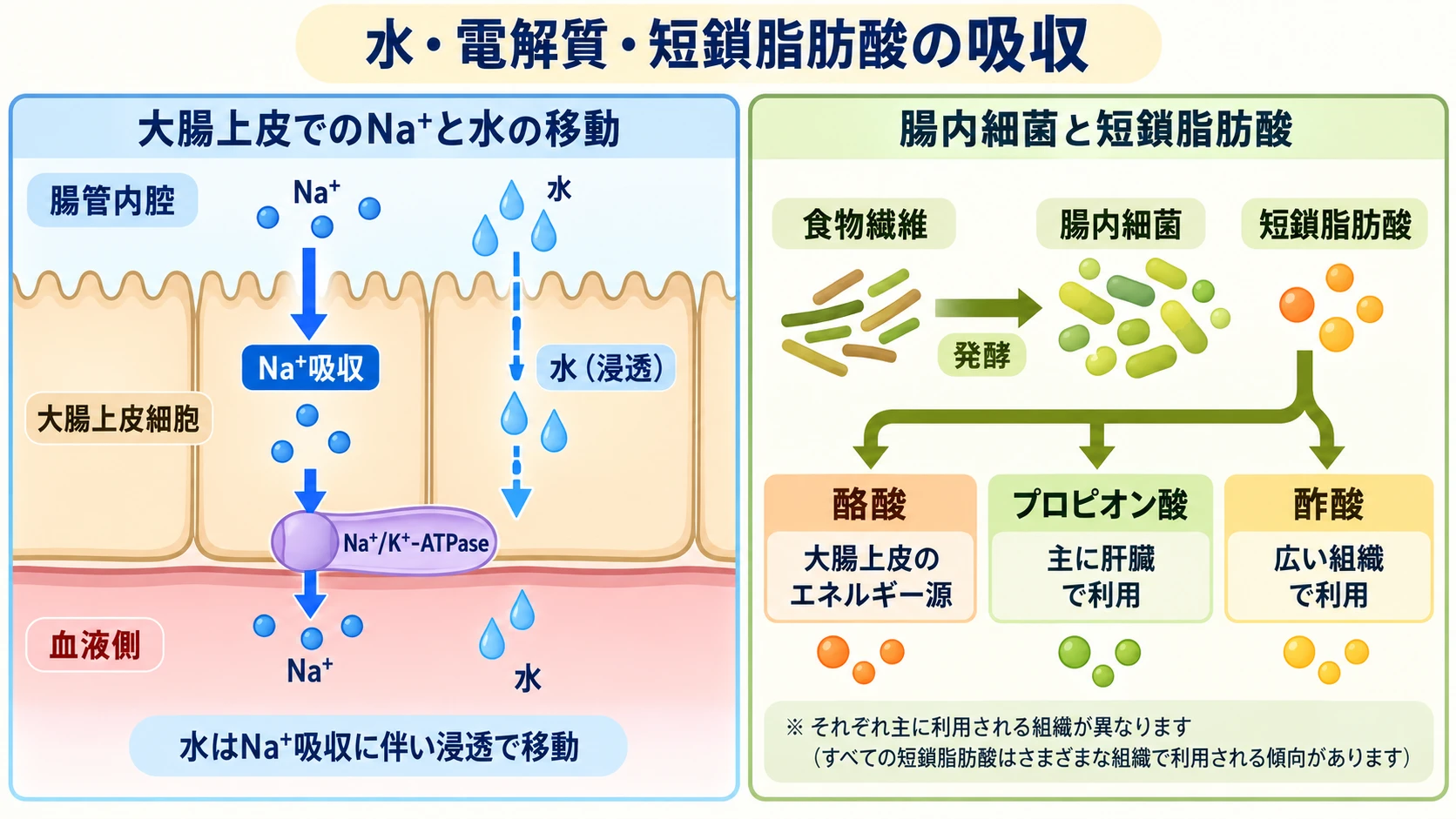 大腸でのNa⁺吸収に伴う水の浸透的な移動と、腸内細菌が食物繊維を発酵させて短鎖脂肪酸（酢酸・プロピオン酸・酪酸）を作り大腸上皮や肝臓で利用される流れを示す図