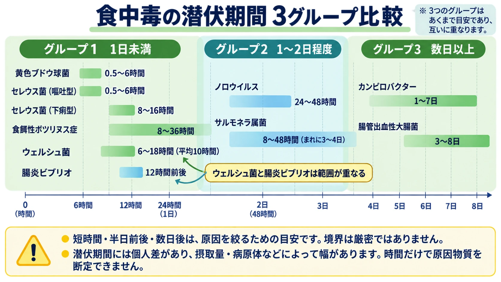 主な食中毒原因菌を潜伏期間の長さで3グループに整理した比較図