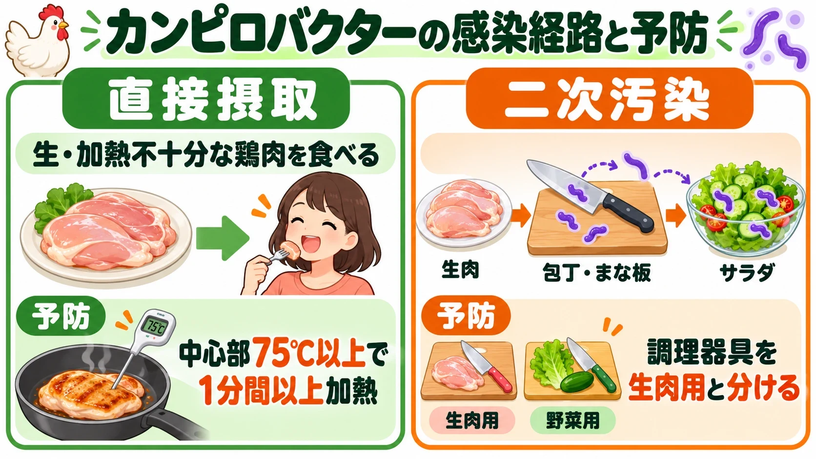 カンピロバクターの感染経路(直接摂取と二次汚染)と、それぞれの予防策(75℃以上1分間以上の加熱、調理器具を生肉用と分ける)を示す図解