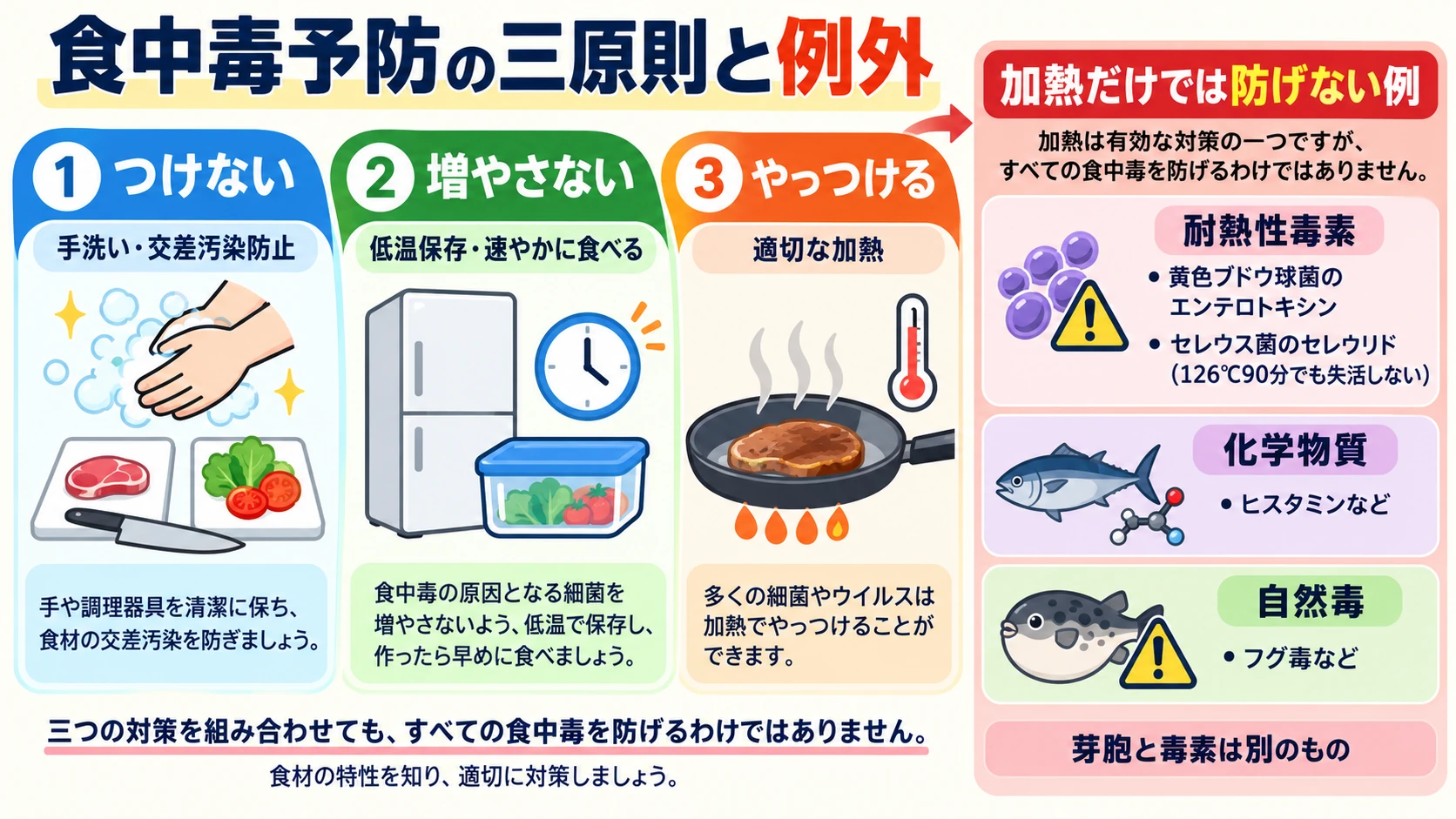 食中毒予防の三原則（つけない・増やさない・やっつける）と、加熱だけでは防げない例外を示す図