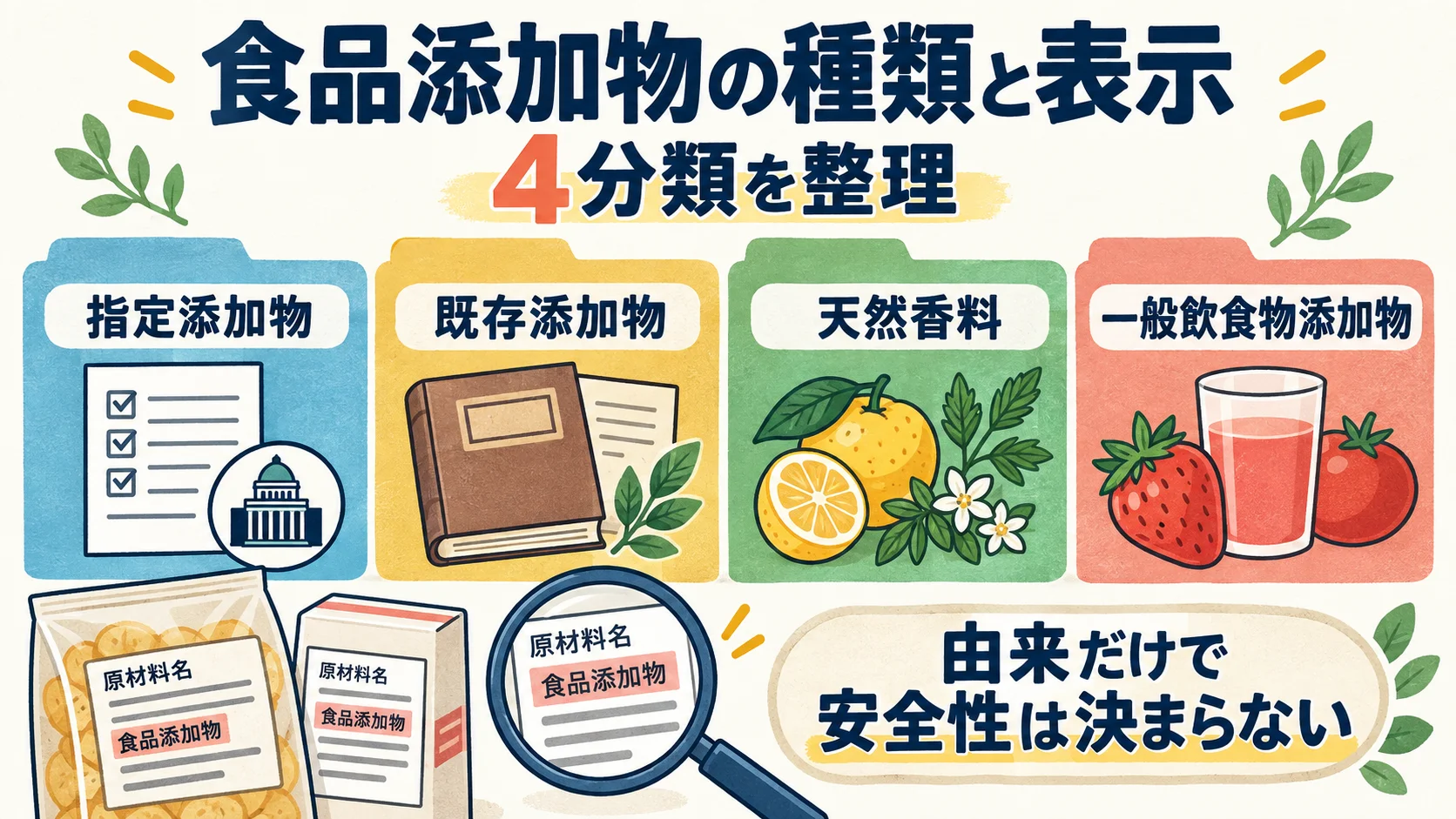 食品添加物の指定添加物・既存添加物・天然香料・一般飲食物添加物の4分類を紹介するイラスト