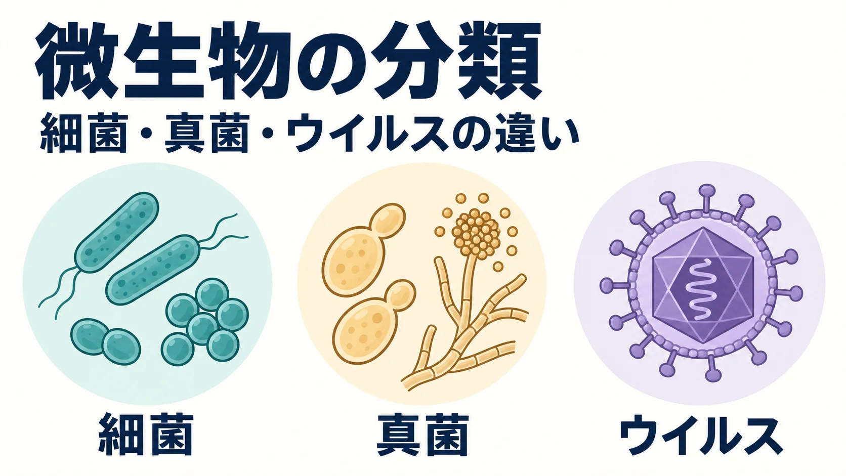 細菌・真菌・ウイルスの違いを示した微生物の分類
